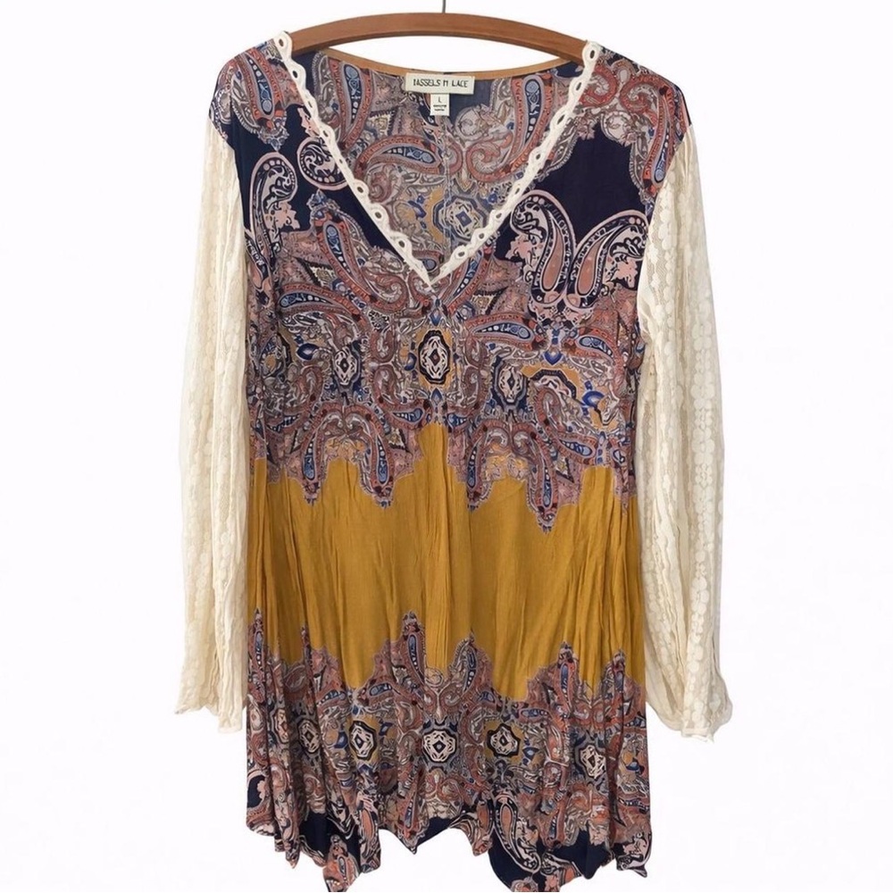 Tassels N Lace Paisley Medallion V-Neck  Blouse/Dress in Navy, Mustard & Cream
